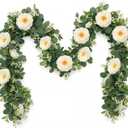 2Pcs 13Ft Artificial Eucalyptus Flower Garland with White Rose Flowers, Faux Floral Greenery Garlands Fake Flowers Vines for Wedding Centerpieces Arch Party Ceremony Backdrop Decor