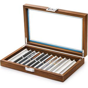 Yesland Black Walnut Wood Display Box, 12 Slot Fountain Pen Organizer With Clear Glass Window, Luxury Collection Case for Shop, Home