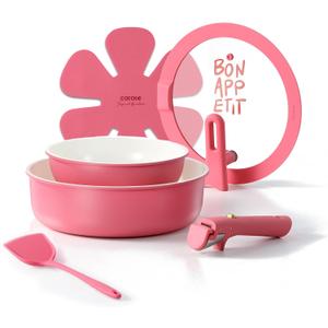 CAROTE Ceramic Pots and Pans Set Non Stick, Nonstick Kitchen Cookware Sets with Lid, Detachable Handle Saut Pan Set, Non Toxic Frying Pan, Oven Safe, Induction Ready, Pink (6 Piece)