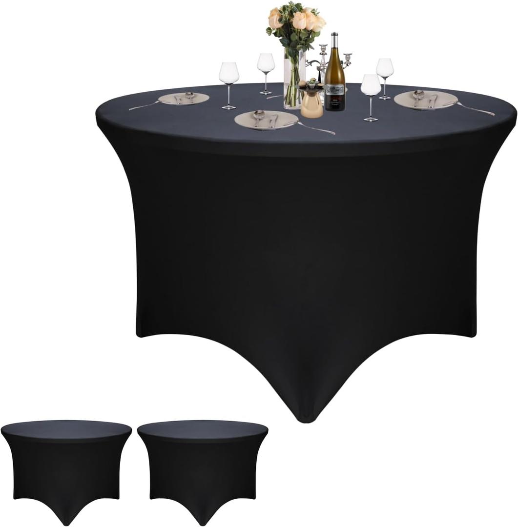 2 Pack Black 48-Inch Diameter x 30-Inch High Round Spandex Tablecloth for 4FT Round Tables|Fitted Stretch Tablecloth with Foot Bag for Party, Wedding, Birthday, Banquet, Vendor Stand