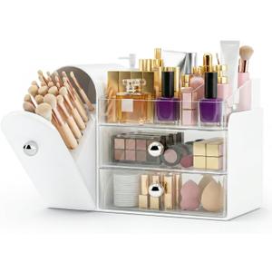 Makeup Organizer,Vanity Organizer with Makeup Brush Holder,Large Skincare Organizers with Drawers,Bathroom Countertop Organizer,Storage Lipstick,Perfume,Nail Polish,Beauty,Mothers Day Gifts
