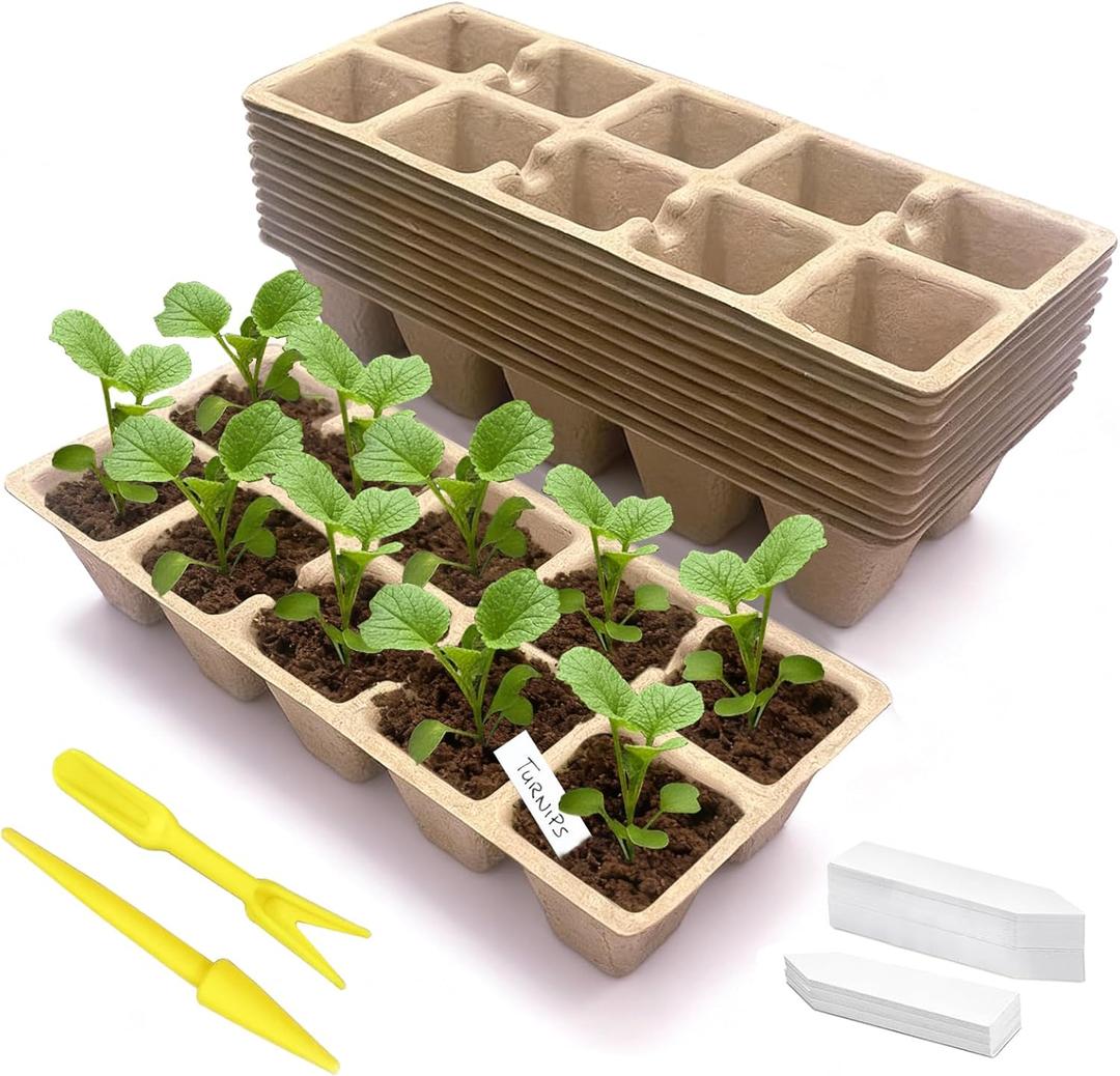 120 Cells Seed Starter Tray, 12 Pack Germination Peat Pots with 100 Labels, Plant Starter Kit for Seedlings