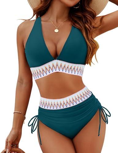 Blooming Jelly Women High Waisted Bikini Sets Tummy Control Swimsuits Color Block Two Piece Drawstring Bathing Suit, Size L