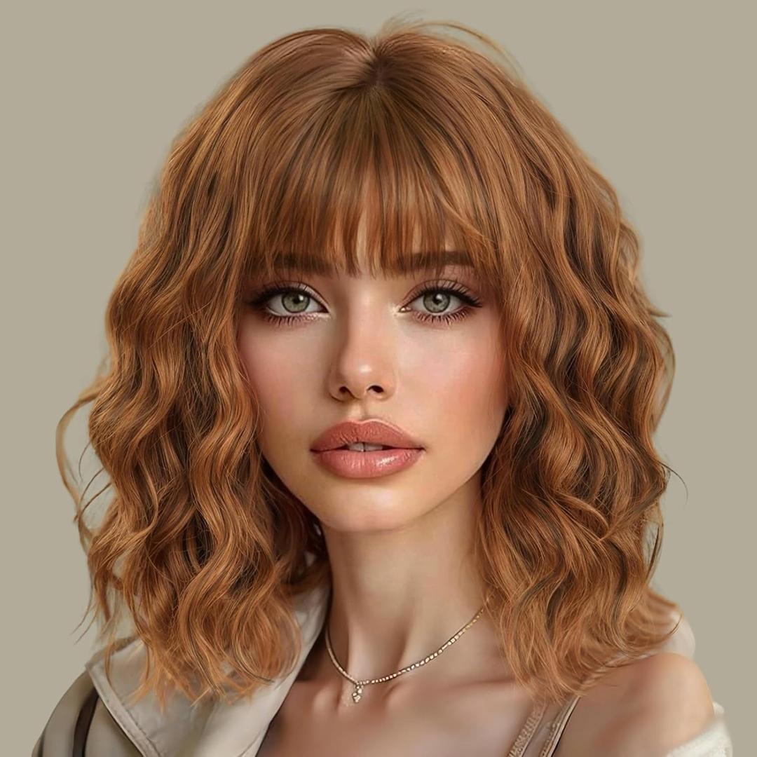 AISI HAIR Synthetic Wavy Curly Bob Wig with Bangs Cooper Blonde Short Wavy Hair for Women Synthetic Heat Resistant Bob Wigs