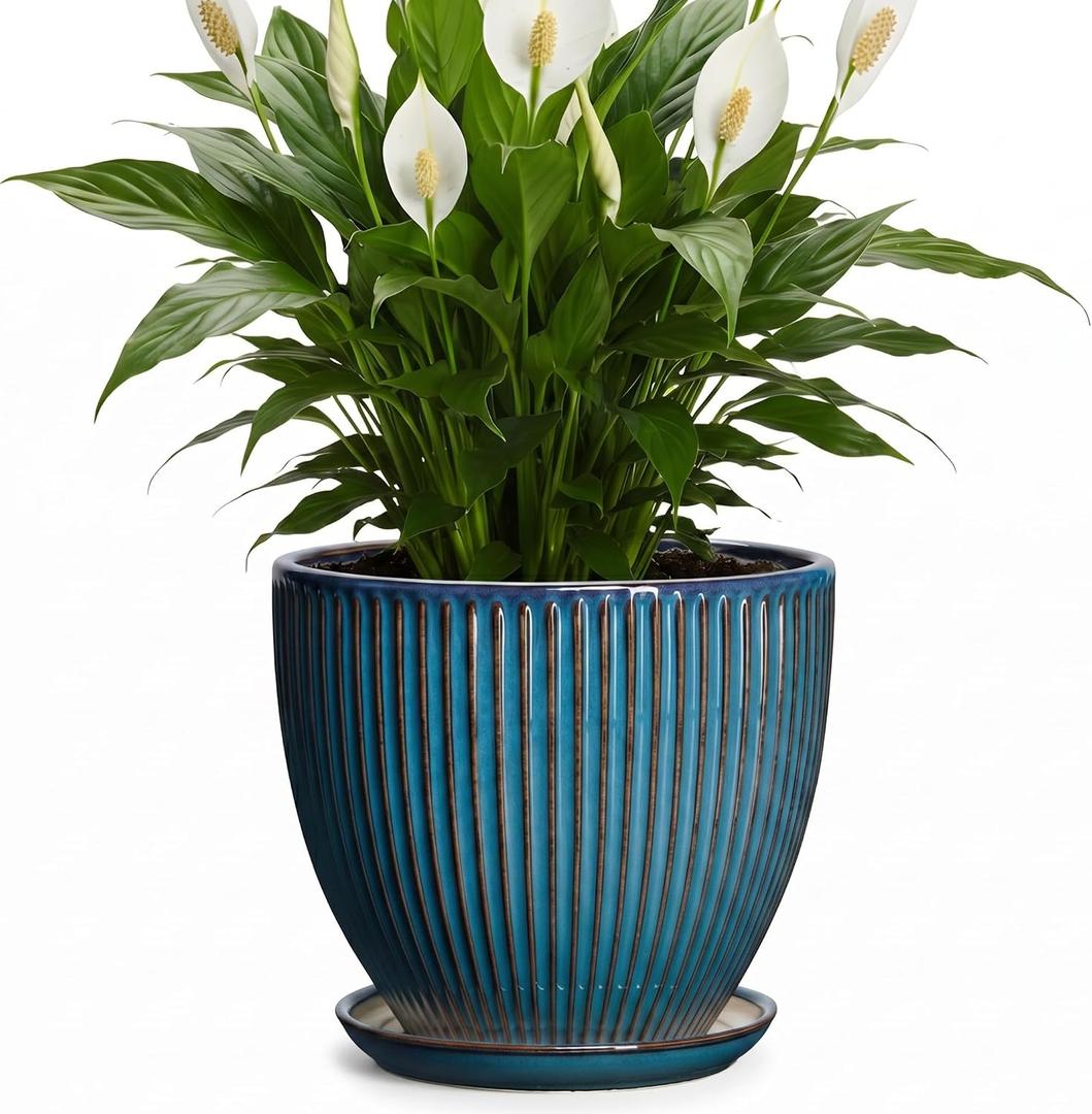 Ceramic Plant Pots, 8 Inch Planters for Indoor Plants, Decorative Flower Pots with Drainage Hole and Saucer, Round Planter, Indoor Flower Pot, Modern Home Decor, Plant Lover Gifts, Retro Blue