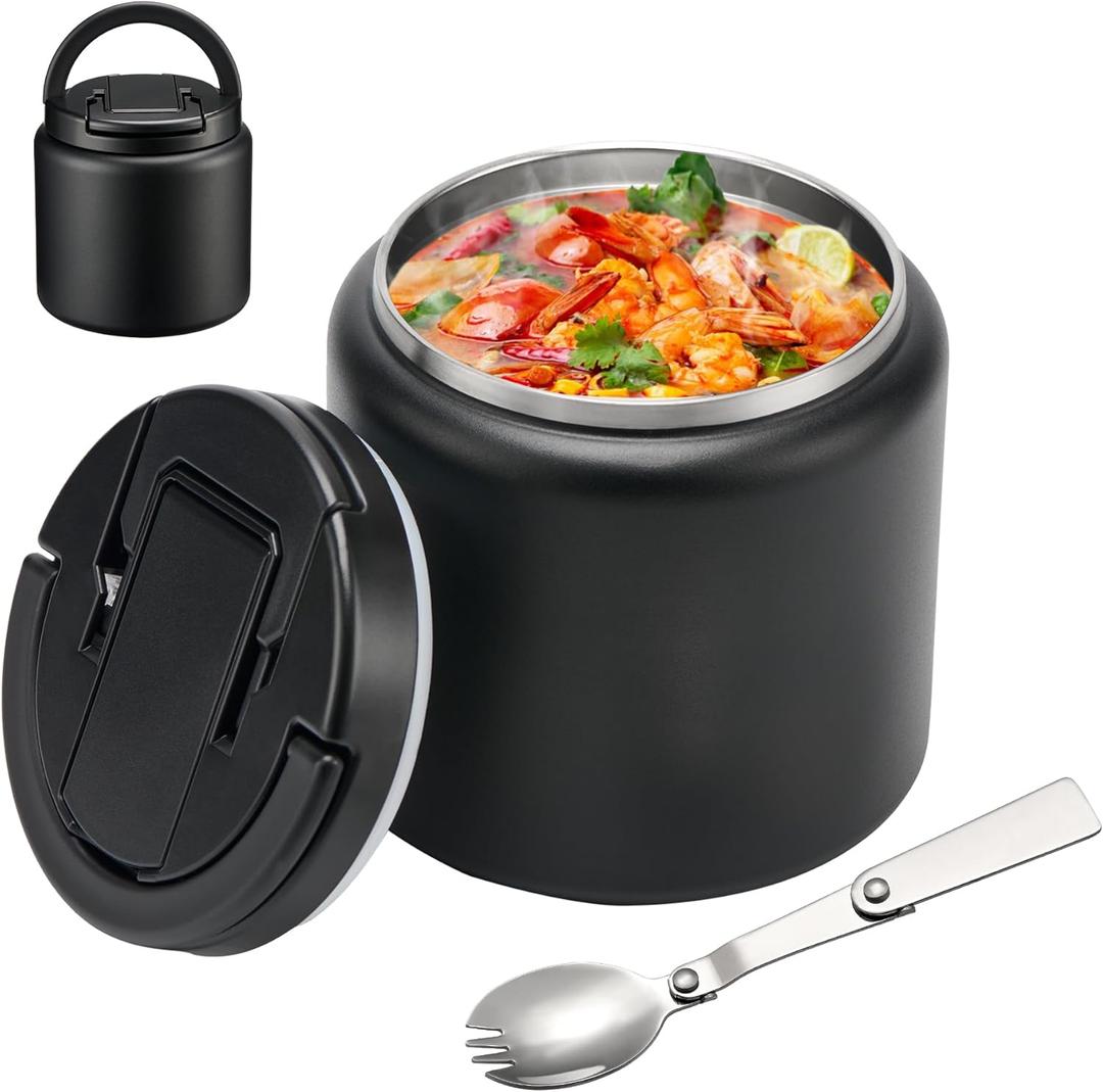 26oz Soup Thermo for Hot Food Kids Insulated Vacuum Food Jar with Buckle Lid,Wide Mouth Leakproof Stainless Steel Lunch Container with Spoon-Black