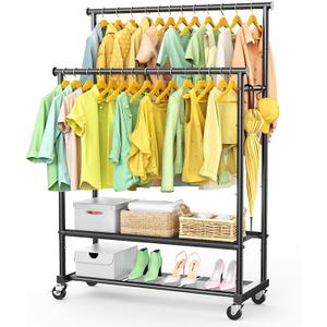 Double Rods Clothes Rack for Hanging Clothes, Heavy Duty Rolling Clothing Rack with Wheels, Freestanding Garment Racks with Oxford Bottom Shelf and Mesh Bottom Shelf for Bedroom Laundry Living Room