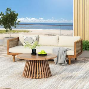 Merax Outdoor Acacia Wood Conversation Set - Patio 3-Seat Loveseat Sofa w/Cushion and Round Coffee Table for Backyard, Lawn, Balcony, Teak+ Beige/Light Teak (2-Piece)