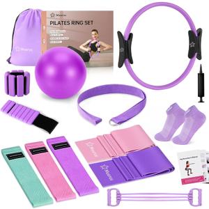 Pilates Equipment Kit for Home Workout, Pilates Ring and Ball Set for Women, 14'' Magic Circle Essentials Accessories Kit with Wrist Weights, Resistance Bands, Yoga Strap, Core Sliders, Socks, Bag (21-Pieces)