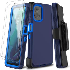 for Motorola Moto G 5G 2024 Case with Screen Protector, Belt Clip Holster Kickstand Rugged Full-Body Heavy Duty Protection Military Grade Shockproof Cell Phone Case (Dark Blue/Blue)