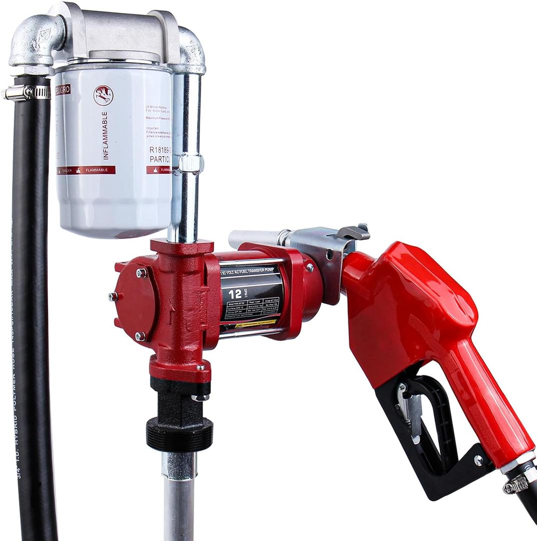 110V AC 12GPM Fuel Transfer Pump with Automatic Nozzle & Hose Kit for Gasoline Diesel Red with Particulate Filter