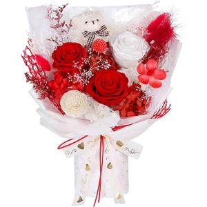 Preserved Flowers Bouquet with Bear, 3 Real Forever Flowers for Delivery, Long-Lasting Red Eteranl Roses Bouquet, Anniversary Birthday Gifts for Women Mom Her Girlfriend Wife