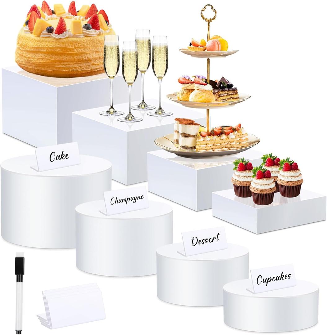 Buffet Risers Set of 8 Acrylic Cube Display Stands Box Risers with Hollow Bottoms 4 Different Size Dessert Table Display Set Food Nesting Risers for Buffet Table, Cupcake Candy Food, Parties, Brunch, Weddings (4 PCS Cubes +4 PCS Cylinders)
