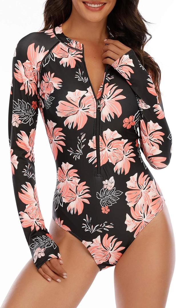 Womens Athletic One Piece Swimsuits Long Sleeve Swimsuit Sports Surfing Swimwear Bathing Suits (10-12, XL Pink Flower)