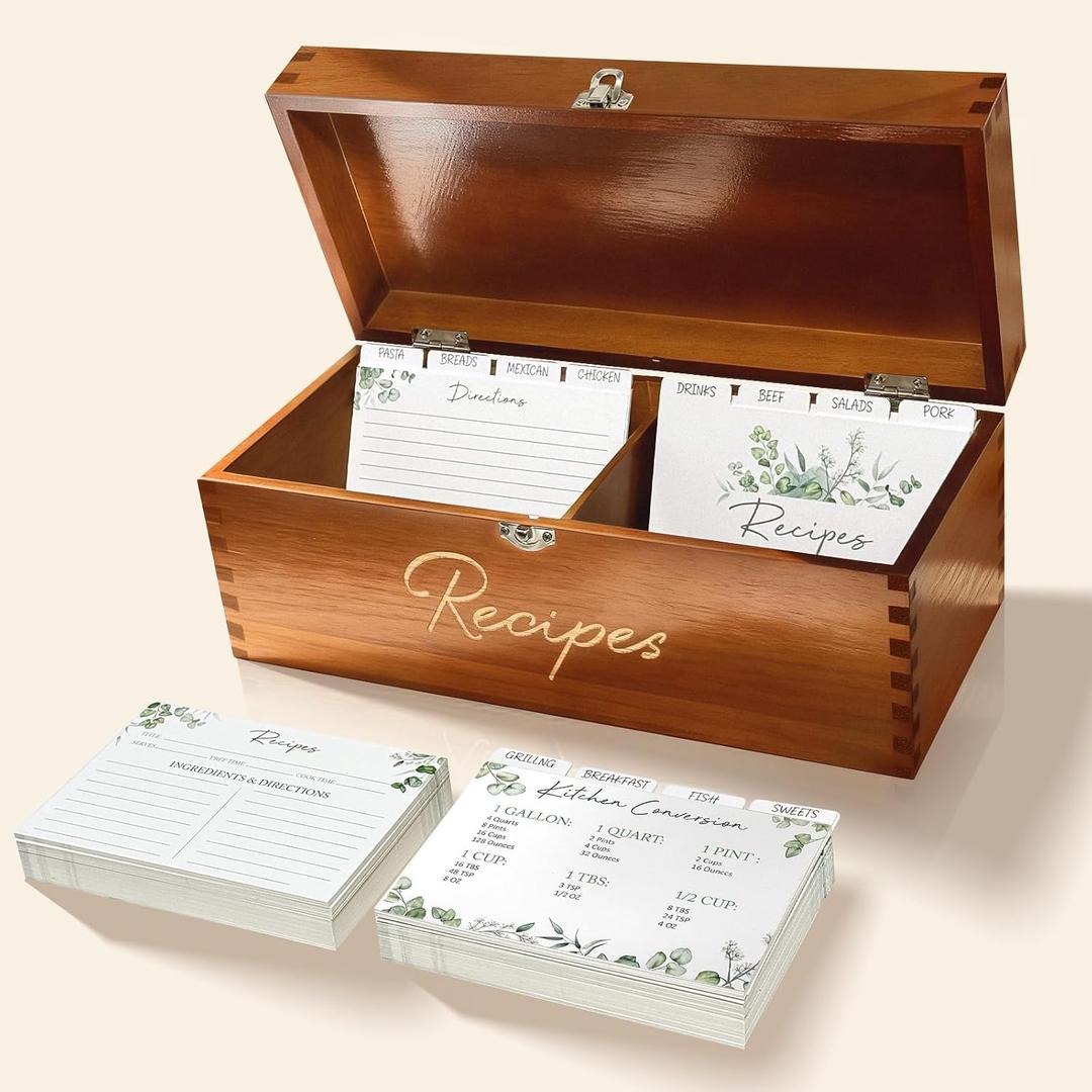 Large Wooden Recipe Box with Cards and Dividers, Vintage Style Wood 4x6 Recipe Holder Card Box Includes 100pcs 4x6 Recipe Card & 16 Dividers, Index Card Box for Kitchen Storage & Gifting