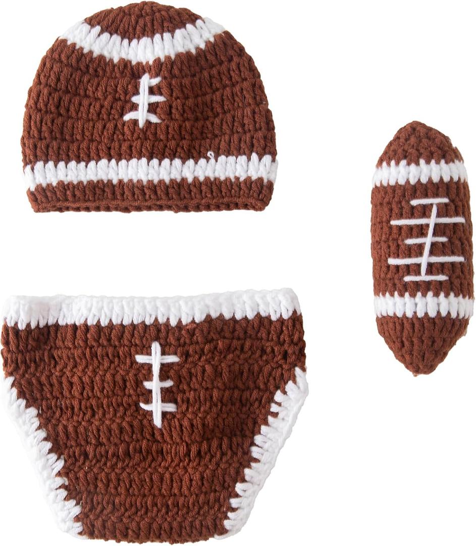 Jastore Baby Photography Props Football Cap Newborn Boy Girl Photo Shoot Outfits Crochet Costume Infant Knitted Hat Sets (One Size, Brown)