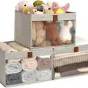 StorageWorks Closet Storage Bins, Extra Large Storage Baskets with Clear Window and Handles, Foldable Fabric Organizer for Clothes, Shelves, Brown and Beige, 3 Pack