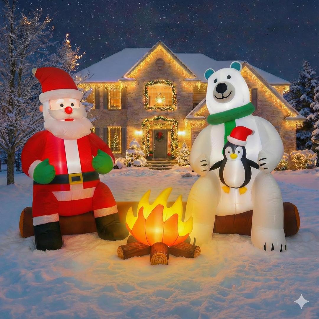 10FT Long Christmas Inflatables Decorations, Outdoor Santa & Polar Bear Campfire Giant Blow Up with Built-in LED Lights for Yard Garden Lawn Holiday Decor