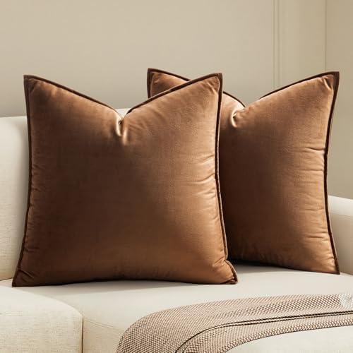 MIULEE Pack of 2 Brown Decorative Velvet Throw Pillow Cover Soft Pillowcase Solid Square Eruo Sham Cushion Case for Sofa Bedroom Car 26x26 Inch