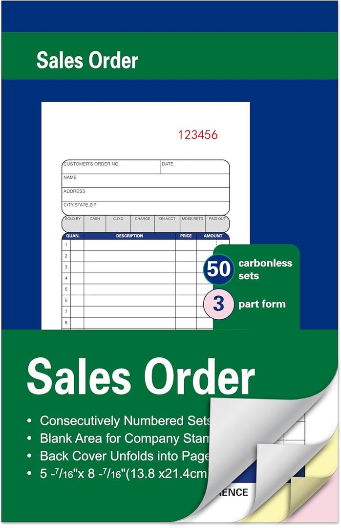 Large Receipt Book,5-7/16 x 8-7/16 Inches,Carbonless Paper,3-Part Duplicate Copy Sales Order Form,White/Canary/Pink,50 Sets per Book