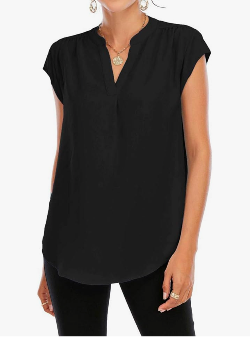 AIMCOO Women's Split V Neck Cap Sleeve Tops Frill Trim Elegant Work Office Blouse Shirts Size M