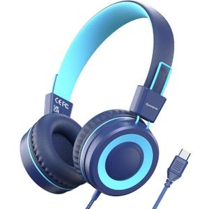 Bywulanda Upgrade USB Type C Kids Headphone for School, 94dB Safe Volume Limited, HD Stereo Sound, Foldable Lightweight On-Ear Headphones for Boys/Girls/Students/Tablet/Travel (Dark Blue)