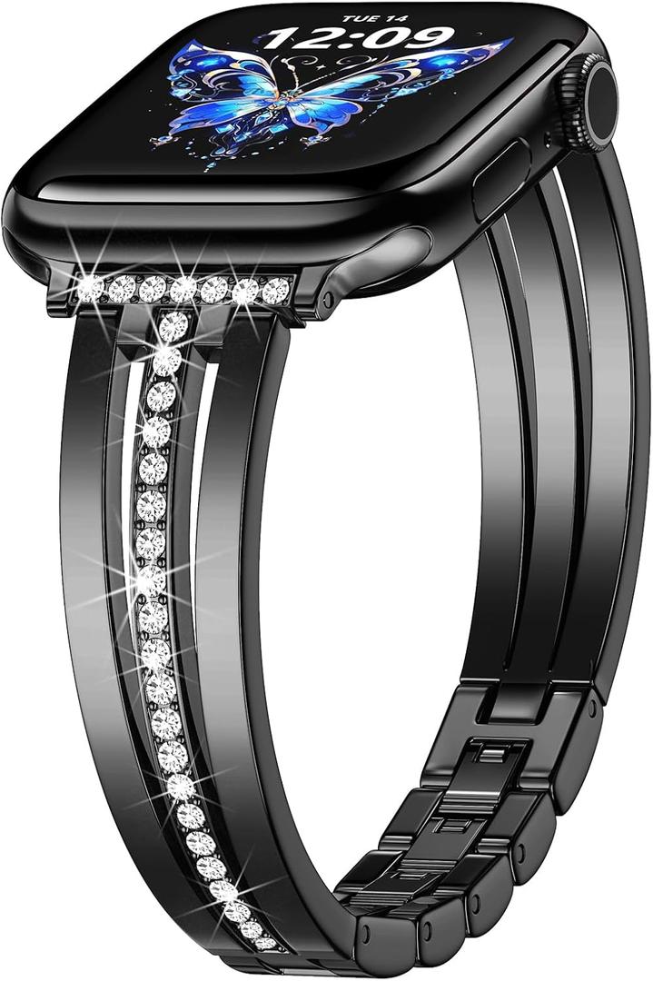 AIRSPO Slim Gold Band Compatible with Apple Watch 38mm 40mm 41mm 42mm 44mm 45mm 46mm Women Thin Metal Strap Dressy Jewelry Bracelet with Bling Diamond for iWatch Bands Series 11 10 9 8 7 6 5 4 3 SE (Black)