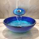 Blue Countertop Bathroom Vessel Sink with Waterfall Faucet, Vessel Sinks,Round Glass Vessel Sink Combo,Bathroom Sink Above Counter,Modern Artistic Tempered Glass Vessel Bowl Sink