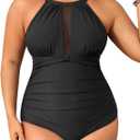 Aqua Eve Plus Size Women One Piece Swimsuit Tummy Control Bathing Suit High Neck Swimwear Black 20W