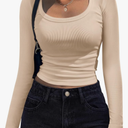 Zeagoo Women's Long Sleeve Scoop Neck Shirts Casual Slim Fit Rib Knit Tops Summer Fall Basic Business Work Tee XS
