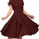FENJAR Womens Elegance Audrey Hepburn Style Ruched Short Ruffle Sleeve Casual Swing A-line Dress(R-Wine-XXL) (XXL)