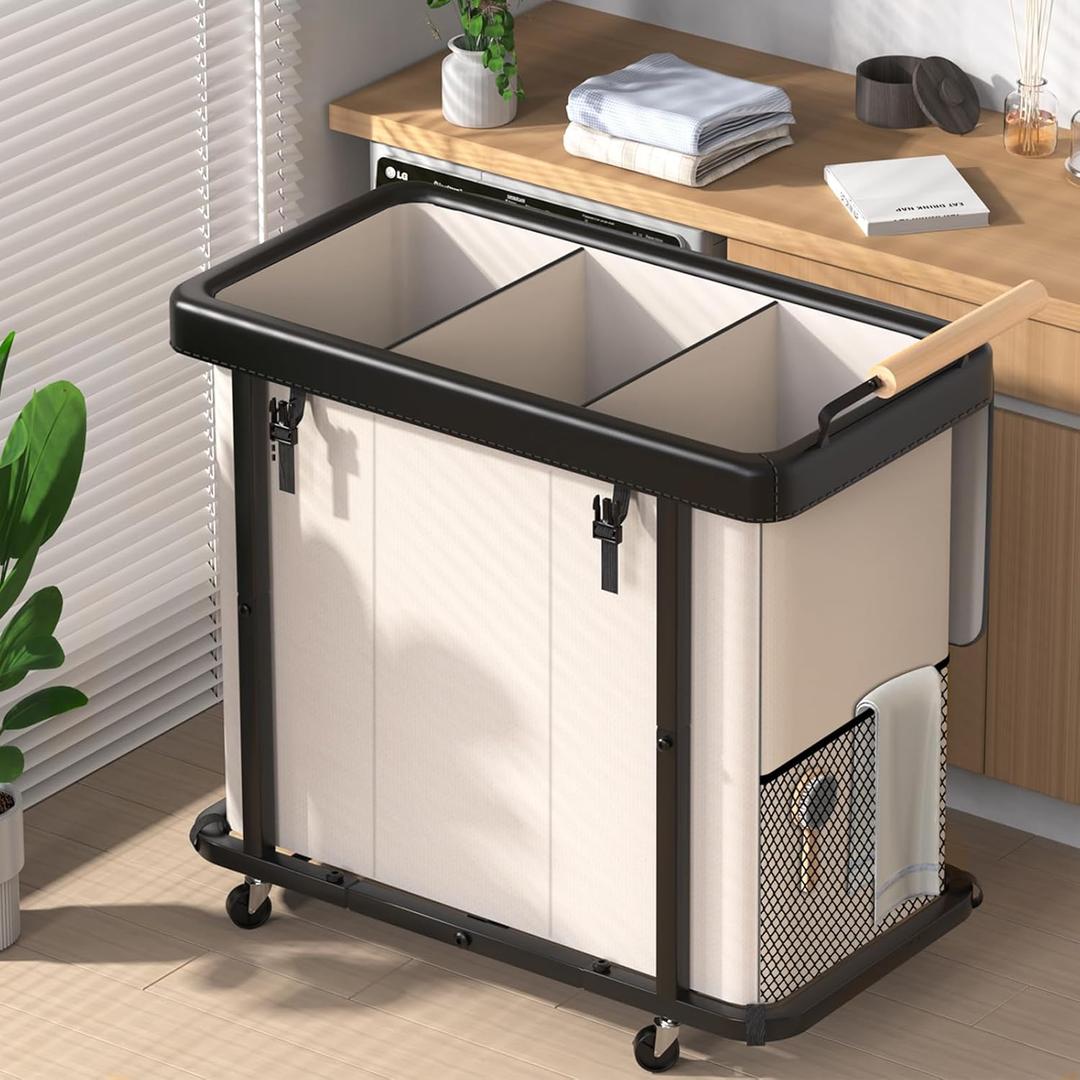 60 Gal (230L) Laundry Hamper 3 Section with Lid, Leather Patchwork Laundry Sorter with Rolling Lockable Wheels and Handle, Laundry Basket Organizer for Laundry Room, Bedroom and Bathroom - Beige