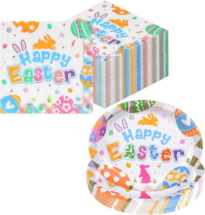 100Pcs Easter Party Supplies Bunny Oval Plates and Napkin Spring Bunny Egg Theme Decoration for Spring Easter Holiday Birthday Party Decor