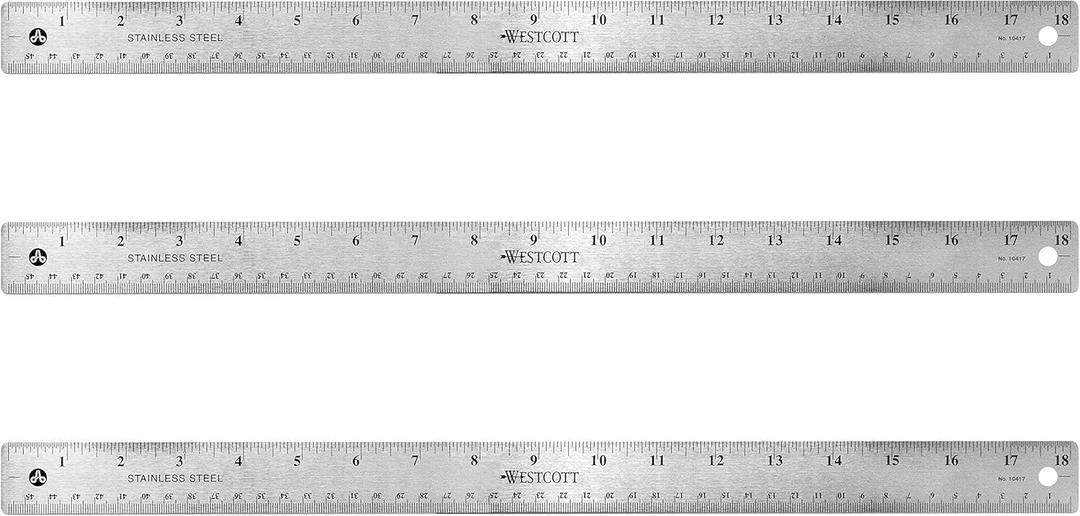 Westcott Stainless Steel Rulers with Non-Slip Cork Backing, Back-to-School, School Supplies, Classroom Supplies, 18-Inch, 3-Pack