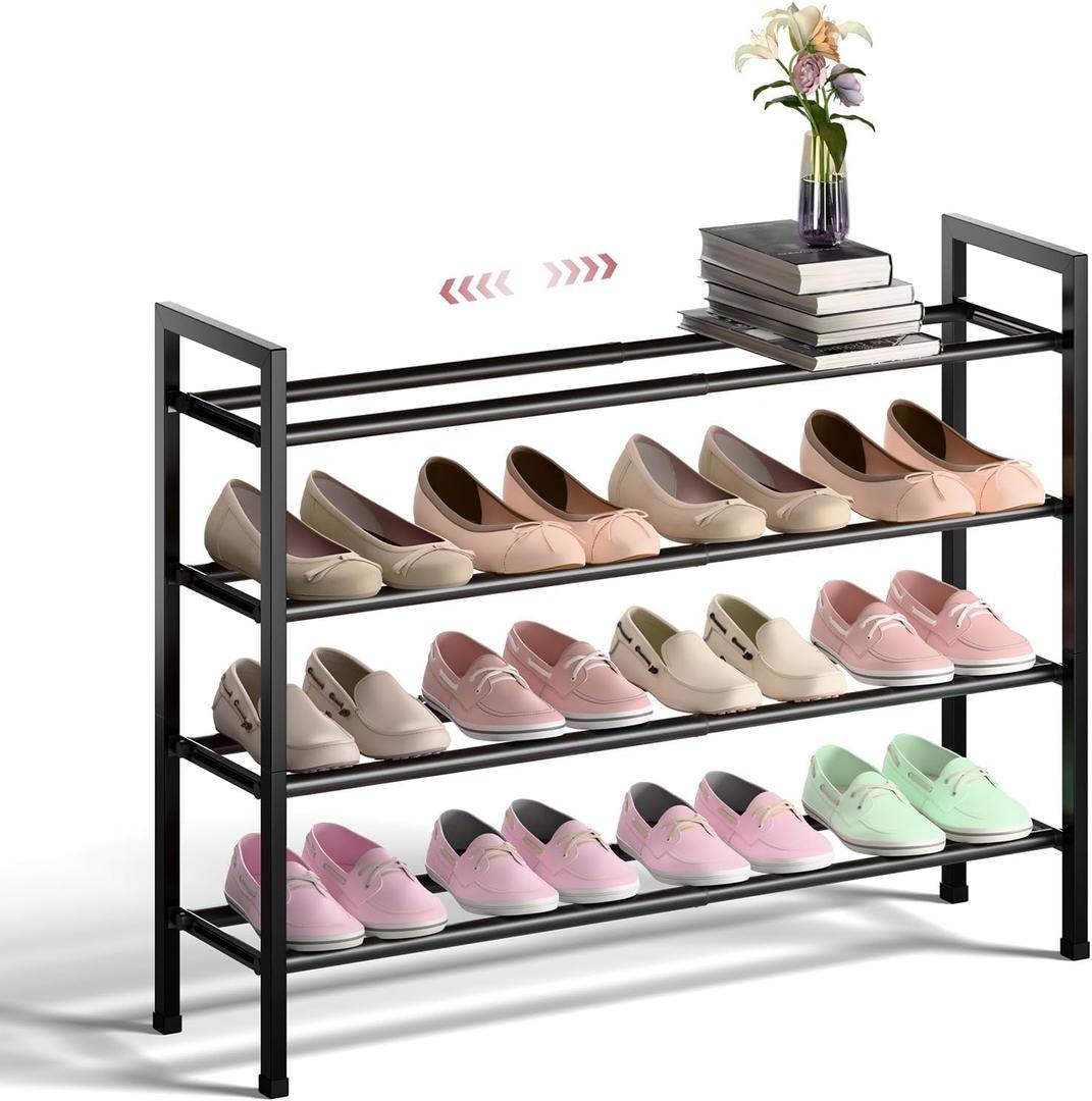 Bumusty 4-Tier Expandable Shoe Rack for Closet, 18-33 Adjustable Shoe Rack for Small Space, Small Shoe Organizer for Front Door, Sturdy Metal, Black