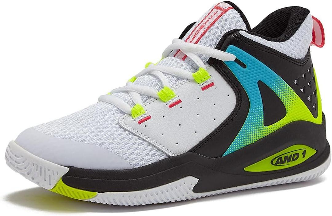 AND1 Girls & Boys Basketball Shoes Kids, Boys High Top Sneakers, Youth Basketball Boys Shoes Size 1 to 7 Little and Big Kid (White/Black Trim/Yellow)