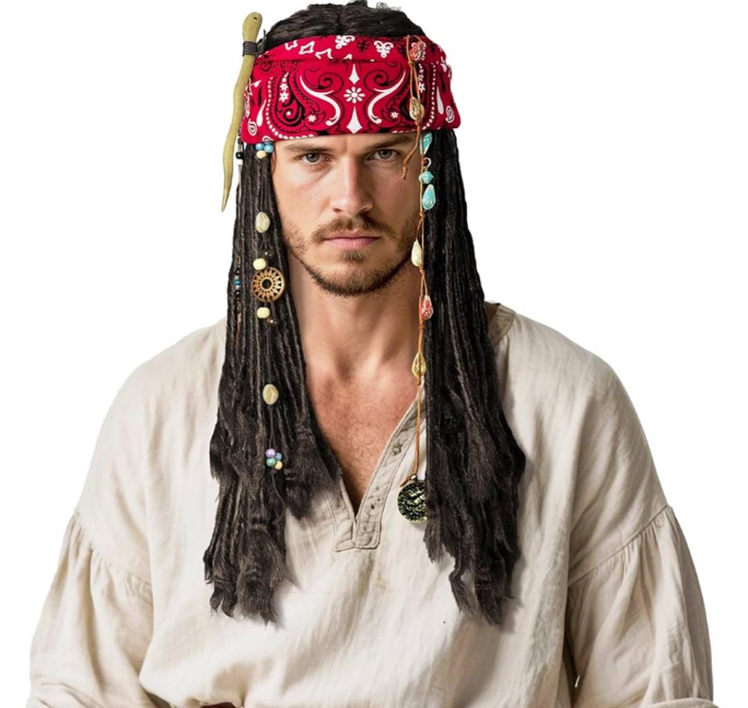 Pirate Captain Costume Wig for Men Women Cosplay Halloween Party Costume Props Bandana Braid Beads Accessories (Black)