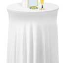 Tegeme 1 Pack 32 x 43 Inch Round Spandex Cocktail Tablecloths with Skirt Cocktail Round Table Cover Spandex Stretch Tablecloth for Fitted High Top Table Bar Wedding Party Banquet (White)