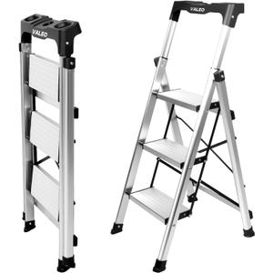 Valeo Aluminium 3 Step Ladder with Retractable Handgrip,Anti-Slip Pedal,330 lbs Capacity,Folding Step Stool for Kitchen, Garage, Home, Space Saving, Sturdy and Portable, Silver