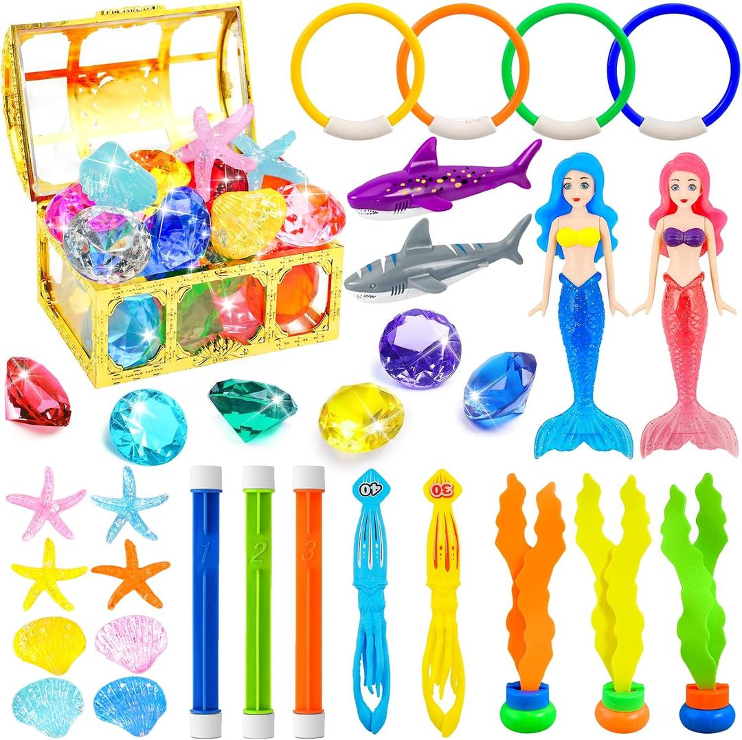 Rileryan 36 PCS Diving Pool Set Diving Rings and Sticks Pirate Treasure Chest Gems Mermaid Underwater Dive Swimming Pool with Storage Bag Summer Swim Water Sinking, Small to Medium