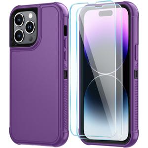 SunStory Compatible with iPhone 14 Pro Case with HD Screen Protector, 3-Layer Heavy Duty Full-Body Cover,3 in 1 Hybrid Protective Case for iPhone 14 Pro 6.1", Purple