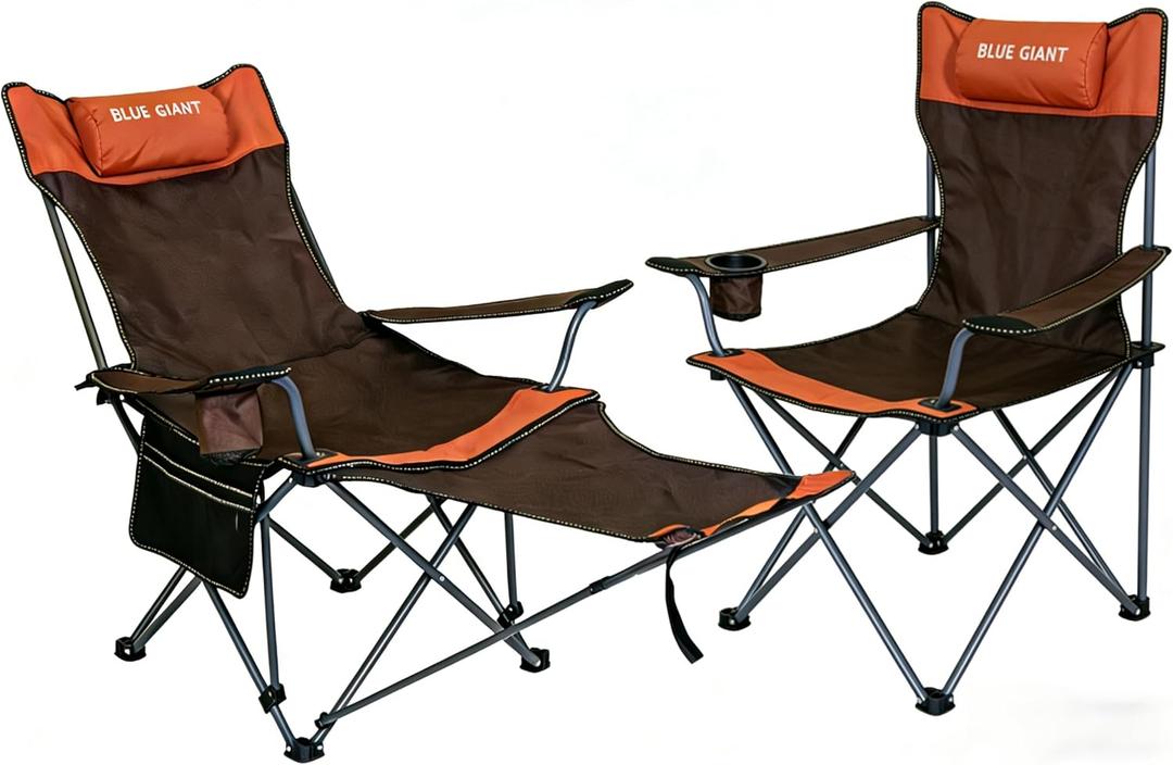 2 Pack Adjustable Folding Camping Chairs with Detachable Footrest and Headrest, Lightweight and Portable, Ideal for Hiking, Travel, Fishing and Outdoor Activities (Orange)