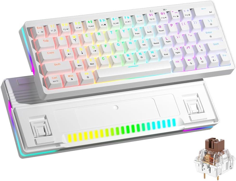 abucow 60% Mechanical Gaming Keyboard Brown Switch Wired Compact Keyboard with RGB Backlight Anti-Ghosting No-Conflict 63 Swappable keycaps Ergonomic Design for Windows/Mac (White)