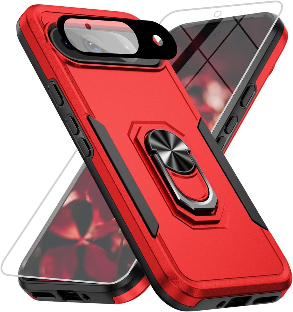 for Google Pixel 9 Case [15 FT Military Grade Drop Protection] with Screen Protector & Lens Protector Heavy-Duty Shockproof Kickstand Case for Pixel 9 (Red)