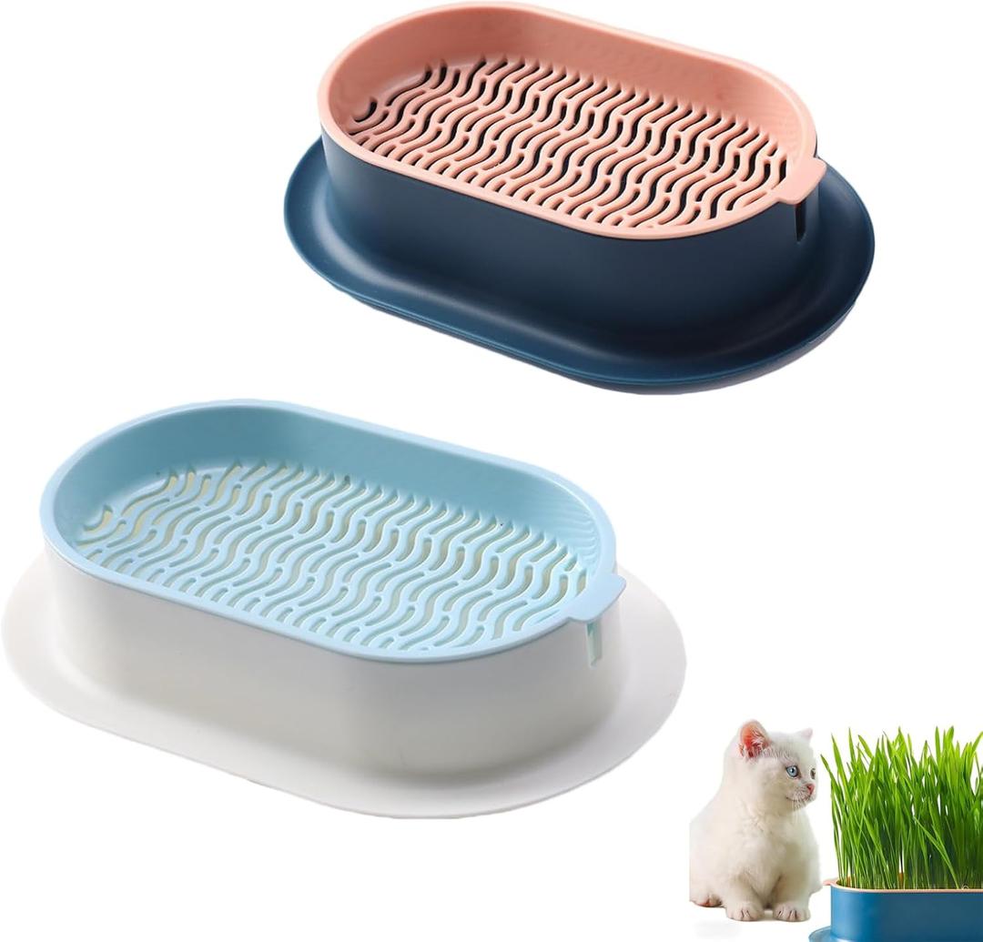 2Pcs Cat Grass Planter, Plastic Wheatgrass Planting Trays Hydroponic Cat Grass Growing Kits for Indoor Cats Soilless Nursery Box Pet Grass Pot (2 Color)