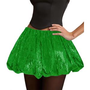 Women Sequin Sparkly Mini Skirt with Shorts Underneath for Concert Festival Rave Outfit Nye Costume (Medium, Green)