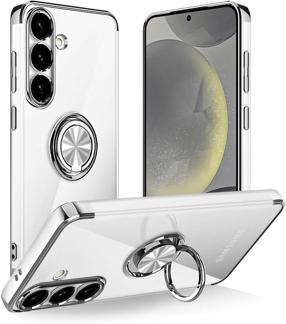 Tnarru Designed for Samsung Galaxy S24 Clear Case with Stand [Magnetic Ring Holder Kickstand] Soft TPU Bumper Non-Yellowing Anti-Scratch Lightweight Slim for Samsung Galaxy S24 Case Silver