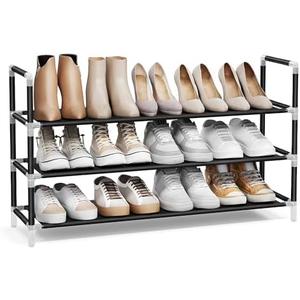 SONGMICS 3-Tier Shoe Rack, Shoe Storage for Hallway Closet, Slim and Space-Saving, Metal Frame, Non-Woven Fabric Shelves, Black ULSH053B01