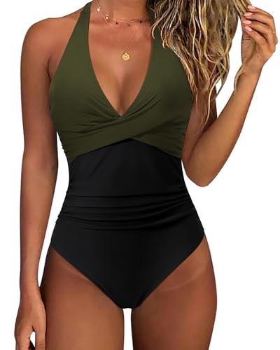 SUUKSESS Women Sexy Tummy Control One Piece Swimsuits Halter Push Up Monokini Bathing Suits (Green Black, S)