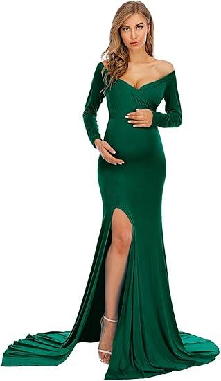 ZIUMUDY Elegant Fitted Maternity Gown Side Split Off Shoulder Long Sleeve Maxi Photography Dress Baby Shower, Medium